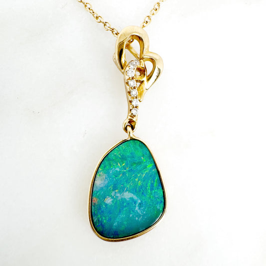 14K Yellow Gold Freeform Doublet Opal Pendant with Diamonds