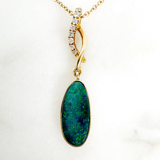 14K Yellow Gold Freeform Doublet Opal Pendant with Diamonds