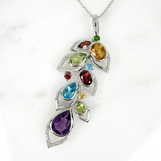 14K White Gold Freeform Multi-Gems Pendant with Diamonds