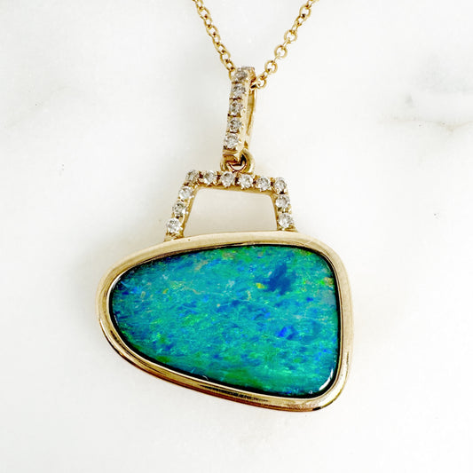 14K Yellow Gold Freeform Doublet Opal Pendant with Diamonds