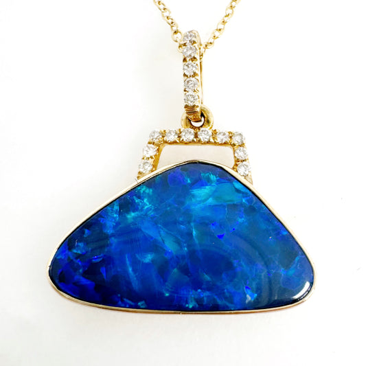 14K Yellow Gold Freeform Doublet Opal Pendant with Diamonds