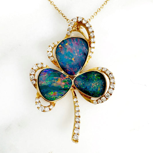 14K Yellow Gold Freeform Doublet Opal Pendant with Diamonds