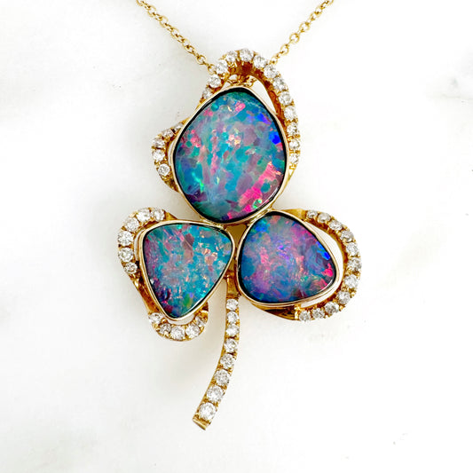 14K Yellow Gold Freeform Doublet Opal Pendant with Diamonds