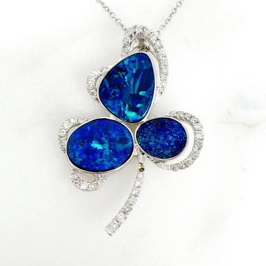 14K White Gold Freeform Doublet Opal Pendant with Diamonds