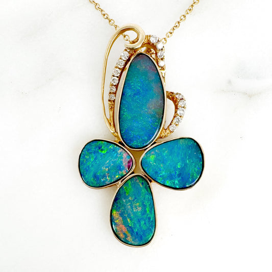 14K Yellow Gold Freeform Doublet Opal Pendant with Diamonds