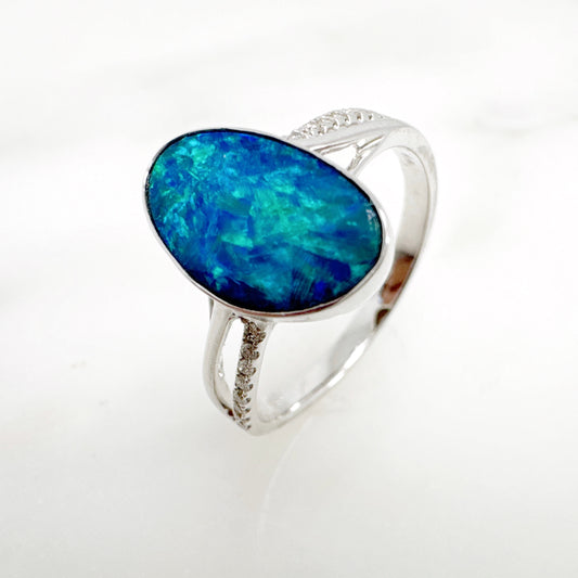 14K White Gold Freeform Australian Doublet Opal Ring with Diamonds