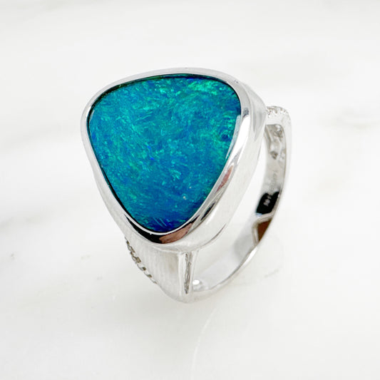 14K White Gold Freeform Australian Doublet Opal Ring with Diamonds