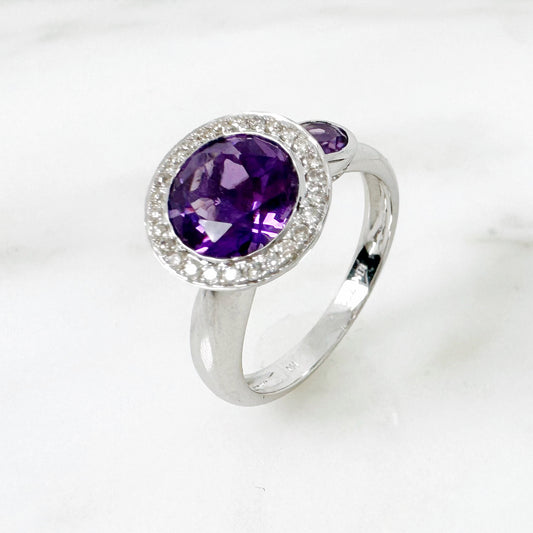 18K White Gold Round Amethyst Ring with Diamonds