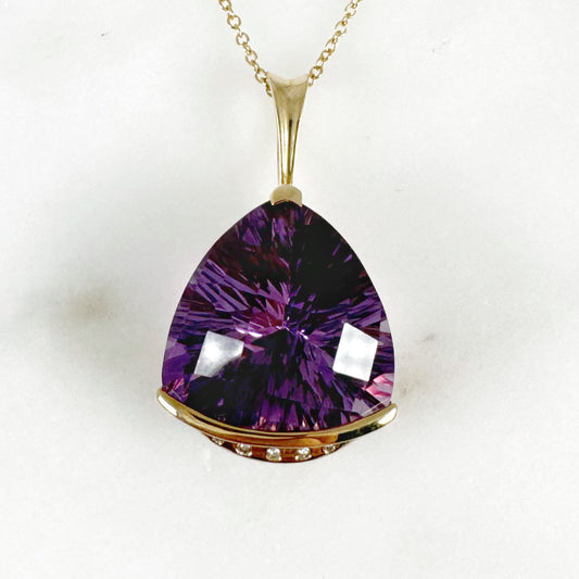 14K Yellow Gold Triangle Amethyst Pendant with Diamonds