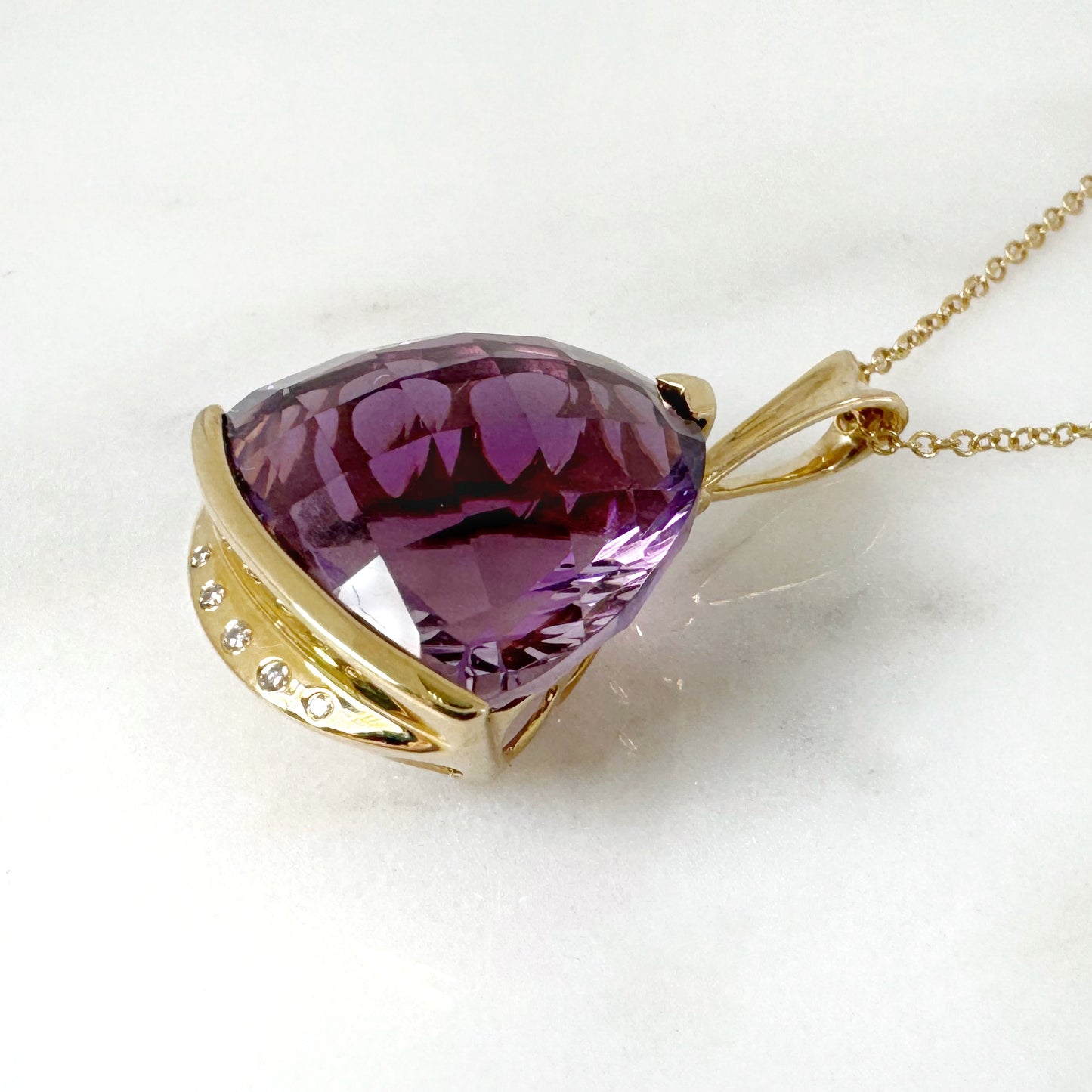 14K Yellow Gold Triangle Amethyst Pendant with Diamonds