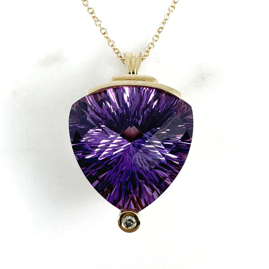 14K Yellow Gold Triangle Amethyst Pendant with Diamonds