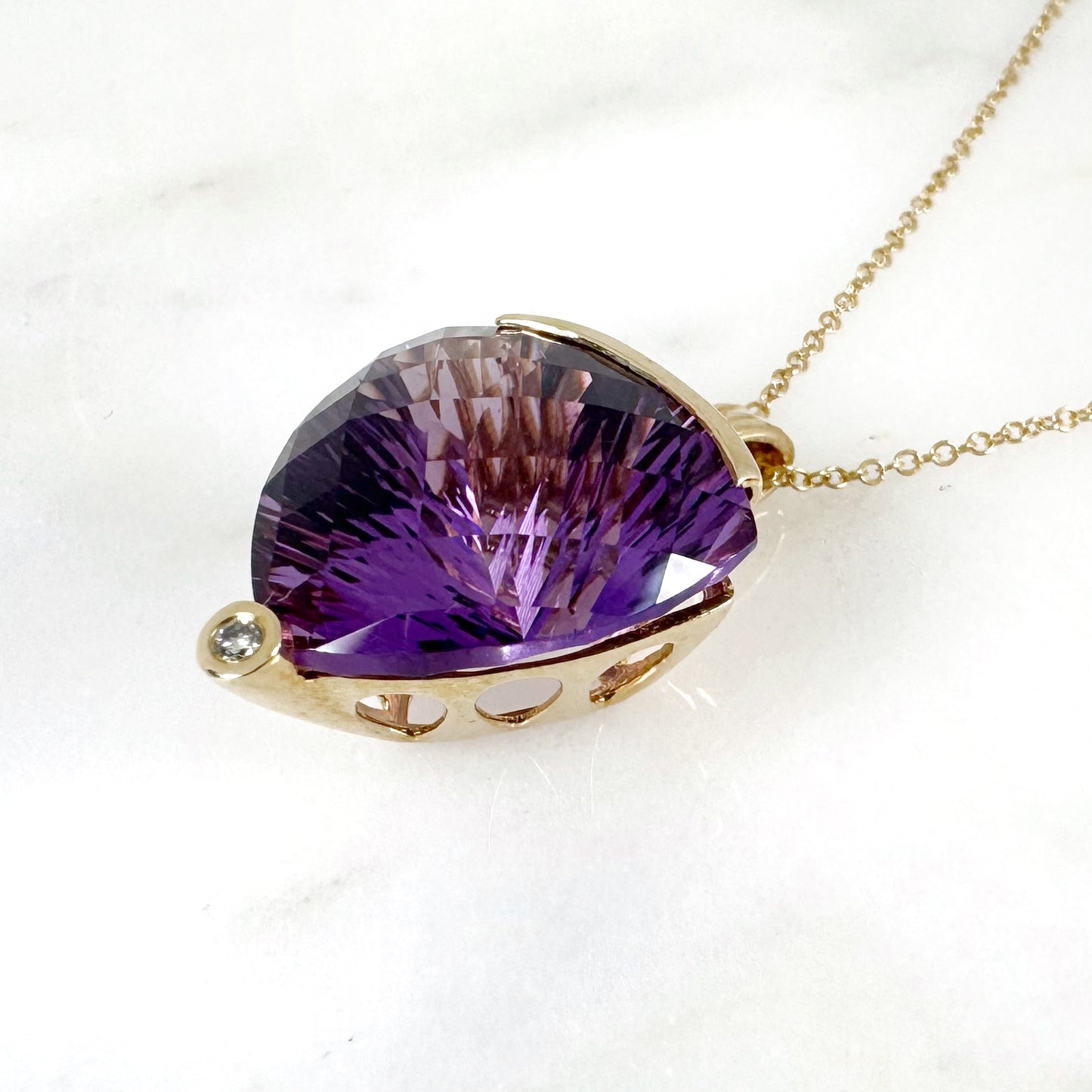 14K Yellow Gold Triangle Amethyst Pendant with Diamonds