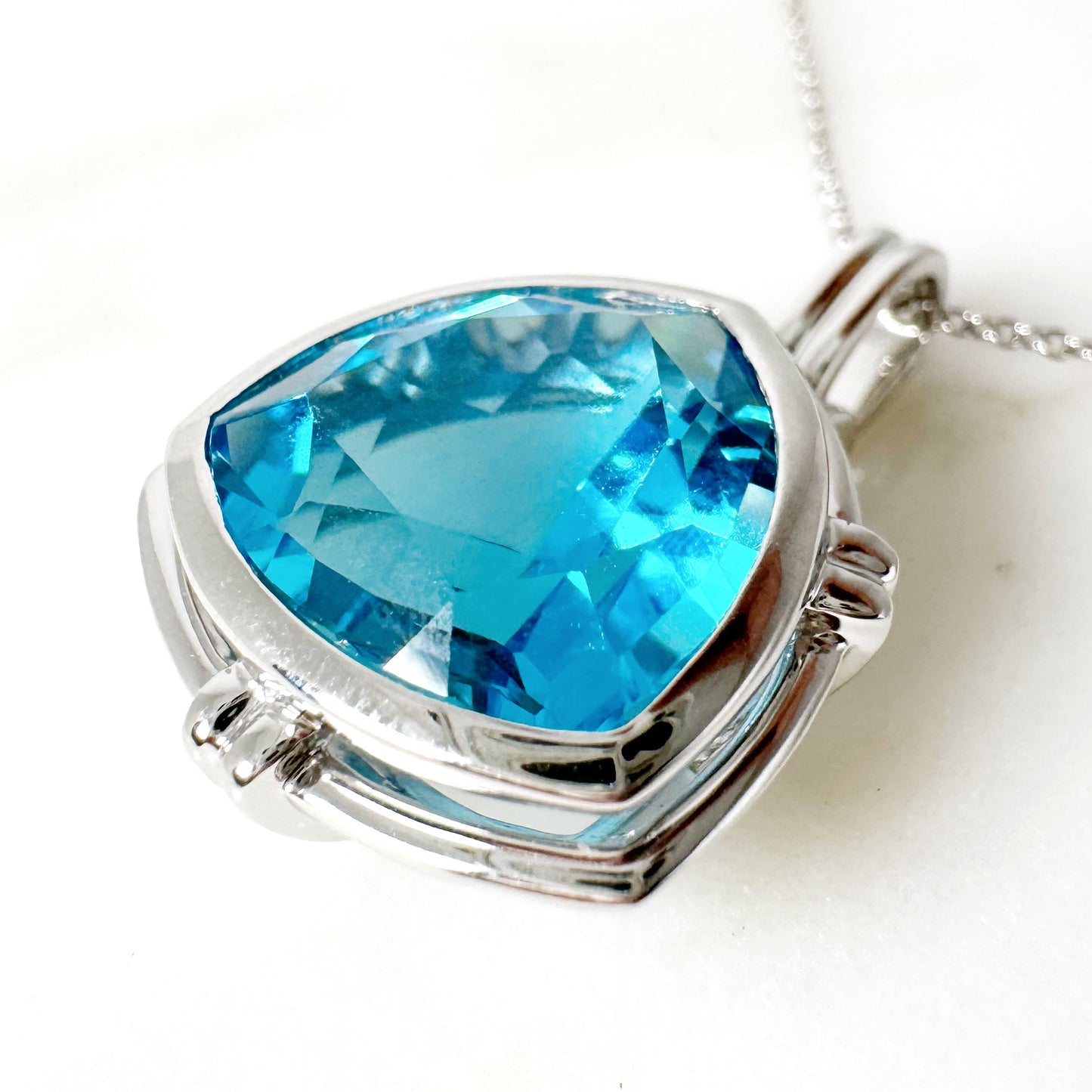 14K White Gold triangle Swiss Blue Topaz Pendant