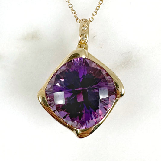 14K Yellow Gold Cushion Amethyst Pendant with Diamonds