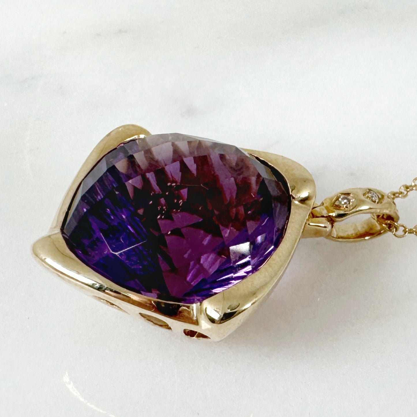 14K Yellow Gold Cushion Amethyst Pendant with Diamonds