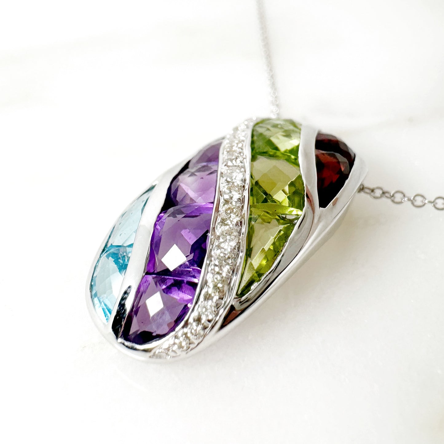 18K White Gold Freeform Multi-Stone Pendant with Diamonds