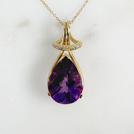 14K Yellow Gold Pear Amethyst Pendant with Diamonds