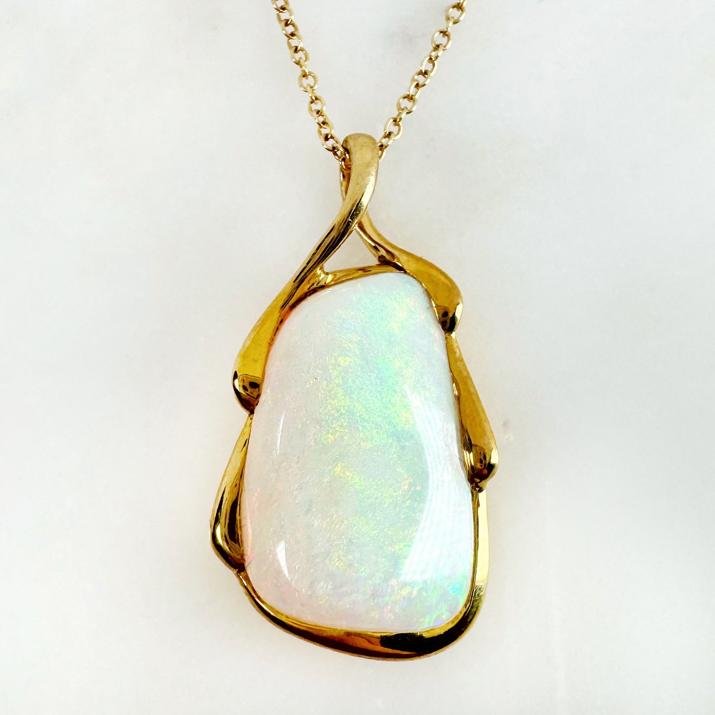 18K Yellow Gold Freeform Solid White Opal Pendant