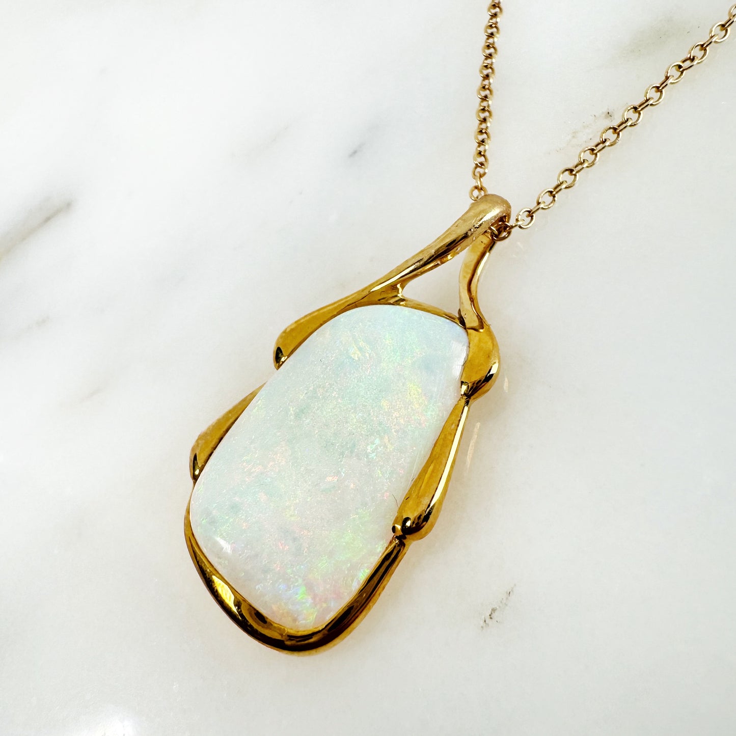 18K Yellow Gold Freeform Solid White Opal Pendant