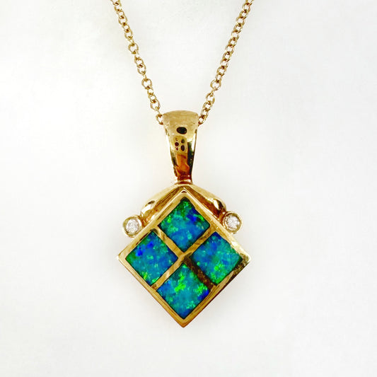 14K Yellow Gold Inlay Opal Pendant with Diamonds