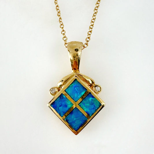 14K Yellow Gold Inlay Opal Pendant with Diamonds