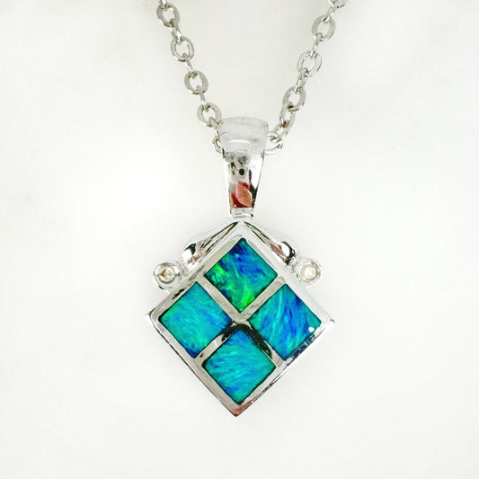 14K White Gold Inlay Opal Pendant with Diamonds