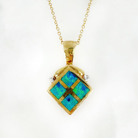 14K Yellow Gold Inlay Opal Pendant with Diamonds