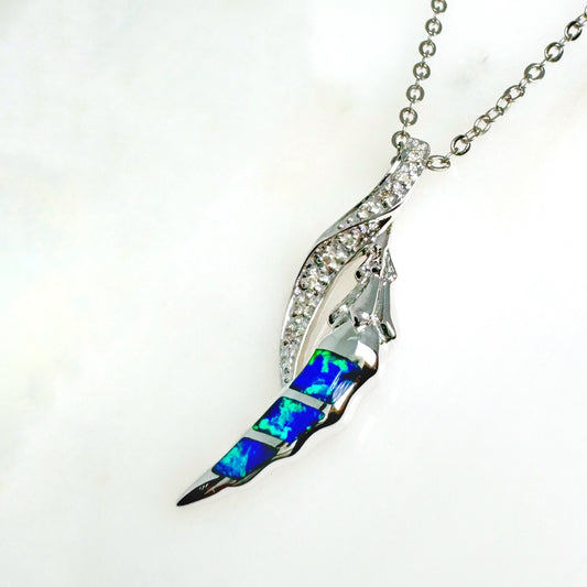 14K White Gold Inlay Opal Pendant with Diamonds