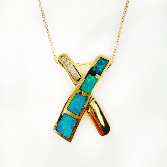 14K Yellow Gold Inlay Opal Pendant with Diamonds