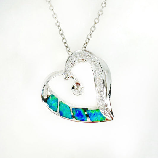 14K White Gold Inlay Opal Pendant with Diamonds