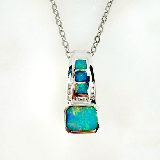 14K White Gold Inlay Opal Pendant with Diamonds