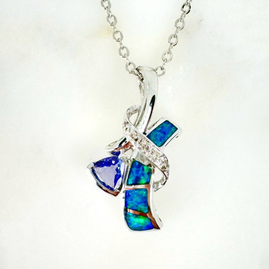 14K White Gold Inlay Opal Pendant with Diamonds