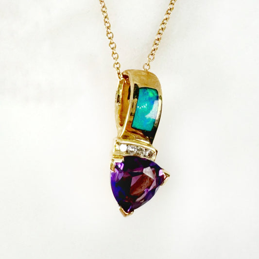 14K Yellow Gold Inlay Opal Pendant with Diamonds