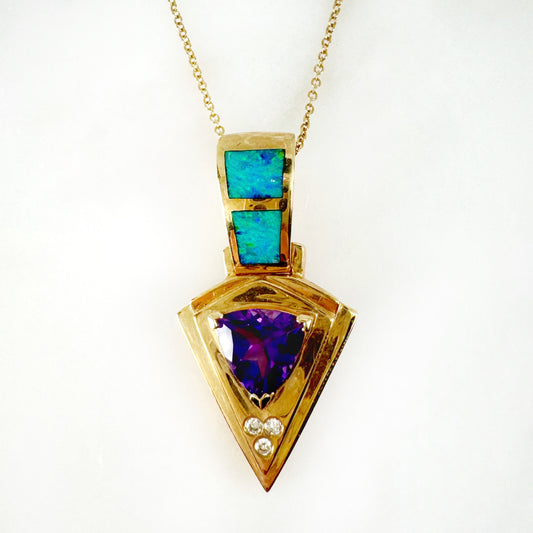 14K Yellow Gold Inlay Opal Pendant with Diamonds