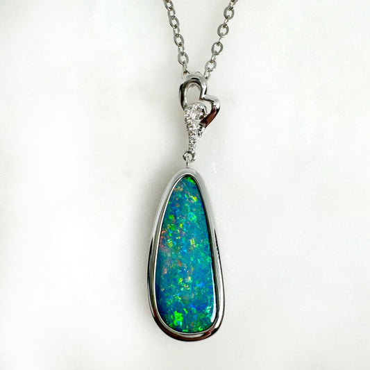 14K White Gold Freeform Doublet Opal - Free Form Pendant with Diamonds