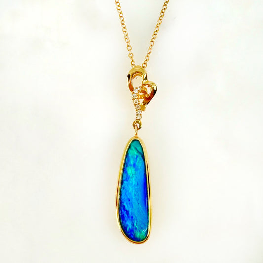 14K Yellow Gold Freeform Doublet Opal - Free Form Pendant with Diamonds