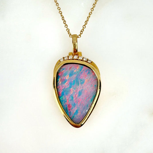 14K Yellow Gold Freeform Doublet Opal - Free Form Pendant with Diamonds