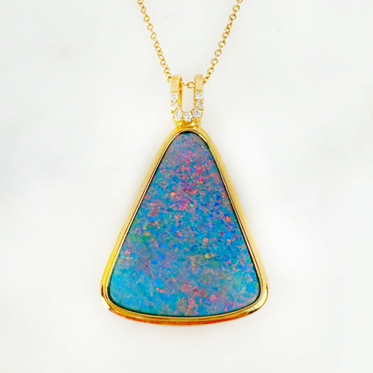 14K Yellow Gold Freeform Doublet Opal - Free Form Pendant with Diamonds