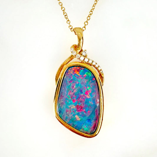 14K Yellow Gold Freeform Doublet Opal - Free Form Pendant with Diamonds