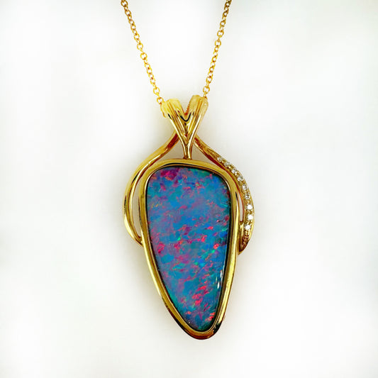 14K Yellow Gold Freeform Doublet Opal - Free Form Pendant with Diamonds