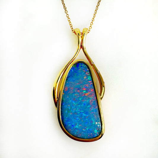 14K Yellow Gold Freeform Doublet Opal - Free Form Pendant with Diamonds