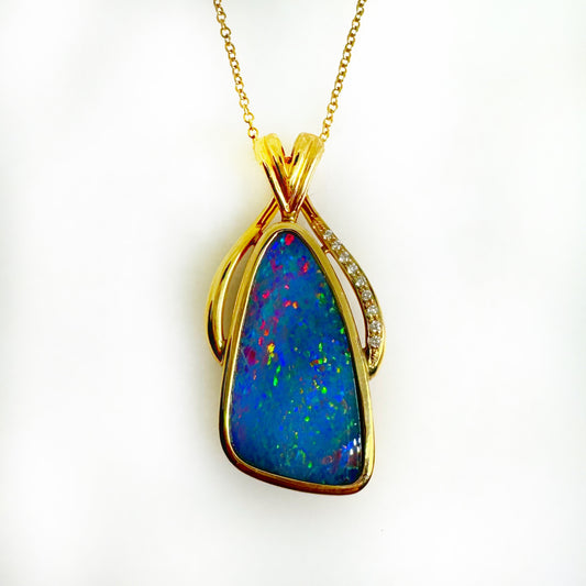 14K Yellow Gold Freeform Doublet Opal - Free Form Pendant with Diamonds