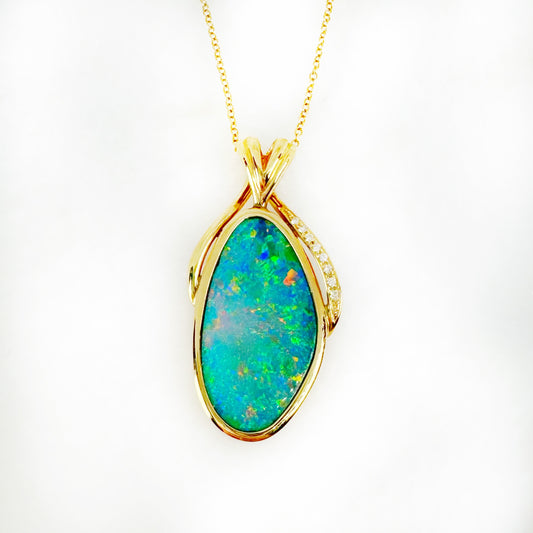 14K Yellow Gold Freeform Doublet Opal - Free Form Pendant with Diamonds