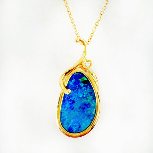 14K Yellow Gold Freeform Doublet Opal - Free Form Pendant with Diamonds