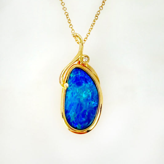 14K Yellow Gold Freeform Doublet Opal - Free Form Pendant with Diamonds