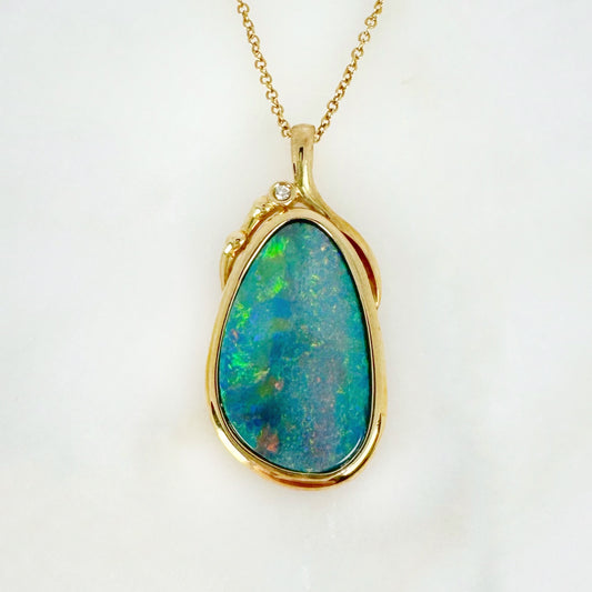 14K Yellow Gold Freeform Doublet Opal - Free Form Pendant with Diamonds