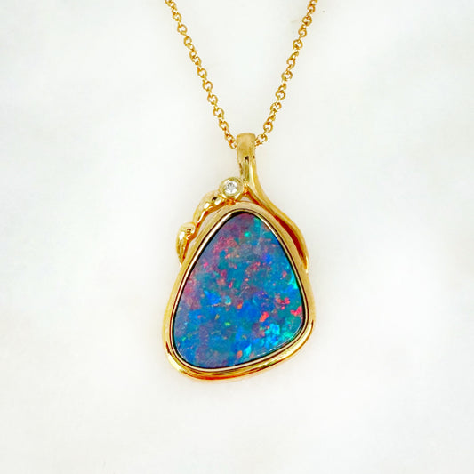 14K Yellow Gold Freeform Doublet Opal - Free Form Pendant with Diamonds