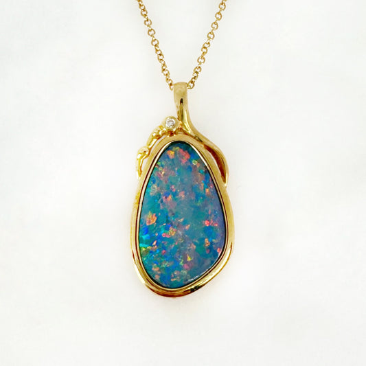 14K Yellow Gold Freeform Doublet Opal - Free Form Pendant with Diamonds