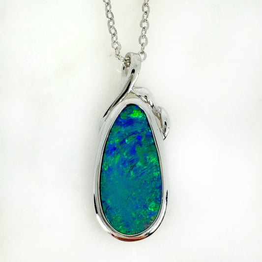 14K White Gold Freeform Doublet Opal - Free Form Pendant