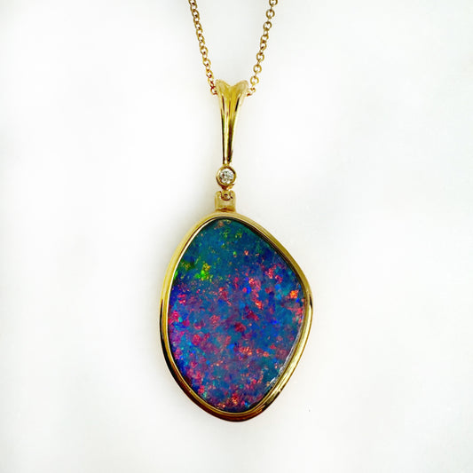 14K Yellow Gold Freeform Doublet Opal - Free Form Pendant with Diamonds